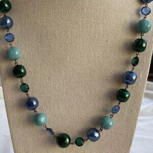 Vintage Blue And Green Semi Precious Stone And Pearls Bead Crystals Necklace 24”